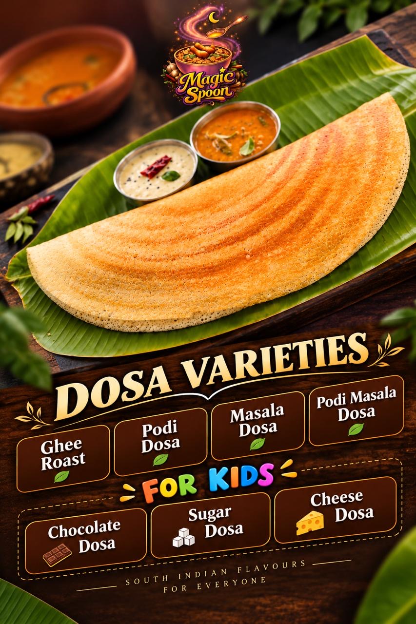 Magic Spoon dosa poster: Ghee Roast, Podi Dosa, Masala Dosa, Podi Masala Dosa. Kids: Chocolate, Sugar and Cheese Dosa.